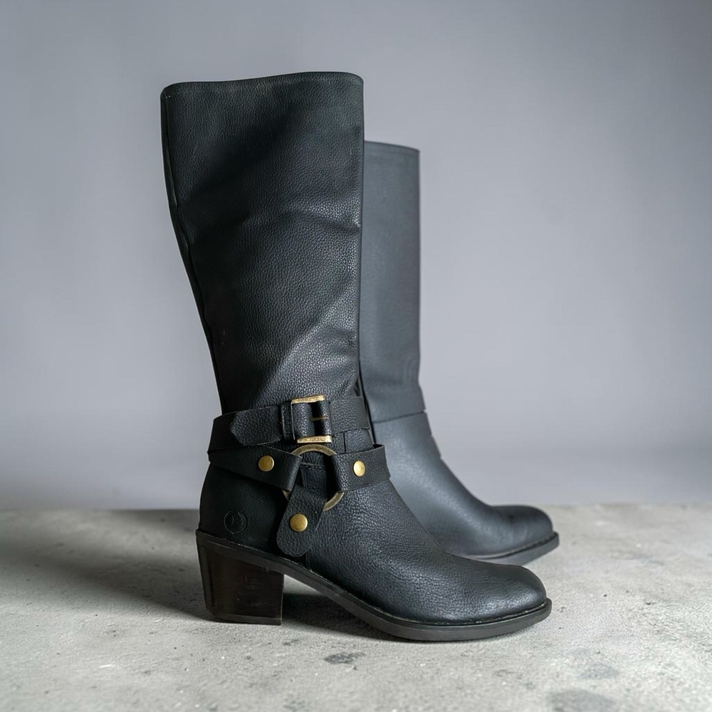 Pollini Knee Riding Boots Harness Sz 9.5 EU 40 Black Pebbled Leather Equestrian